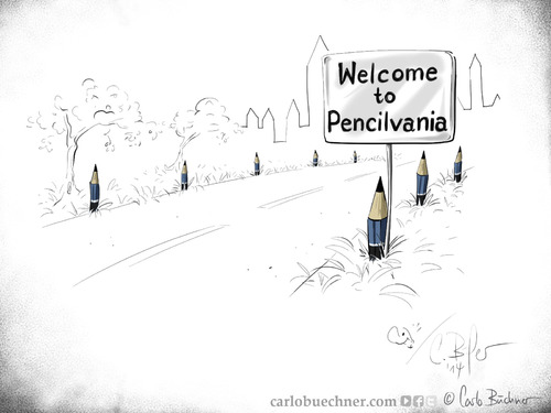 Cartoon: Pencilvania (medium) by Carlo Büchner tagged pennsylvania,harrisburg,state,usa,parody,joke,pencil,satire,cartoon,painting,carlo,büchner,arts,ray,2014,welcome