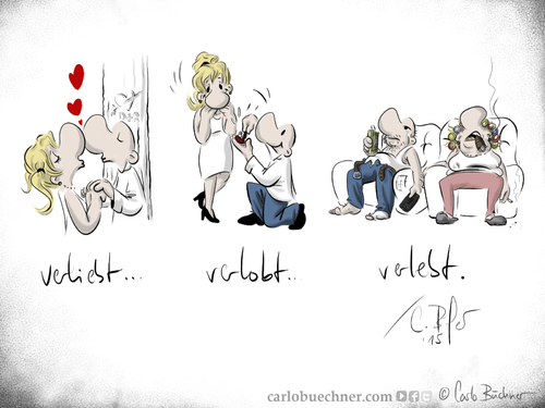 Cartoon: verliebt... verlobt... verlebt. (medium) by Carlo Büchner tagged marriage,ehe,liebe,love,beer,bier,2015,zigarre,cigar,heart,herz,ray,carlo,büchner,arts,art,humor,cartoon,satire,joke,ring,verlobt,verlebt,verliebt,sessel,alt,alltag,leben,life
