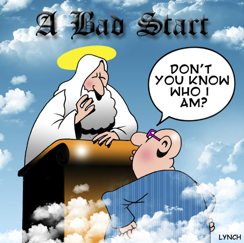 Cartoon: A bad start (medium) by toons tagged heaven,religion,god,self,importance,ego,angels,st,peter,death,afterlife