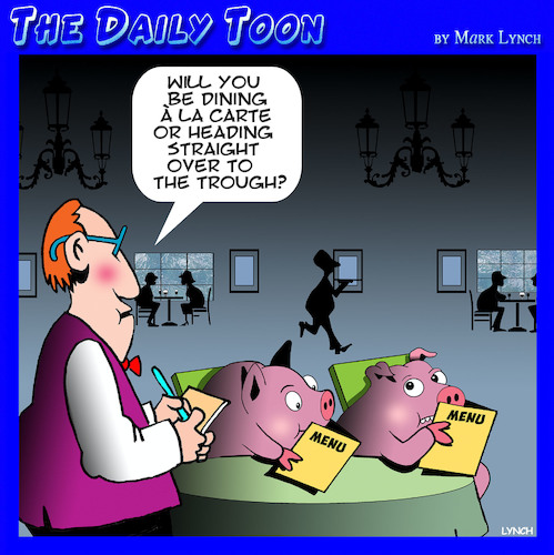 Cartoon: A la carte (medium) by toons tagged pigs,swine,swill,la,carte,dining,restaurants,buffet,animals,pigs,swine,swill,la,carte,dining,restaurants,buffet,animals
