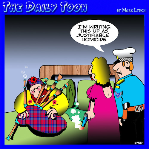 Cartoon: Bagpipes (medium) by toons tagged bagpipes,murder,justifiable,homicide,arrest,police,scotland,bagpipes,murder,justifiable,homicide,arrest,police,scotland