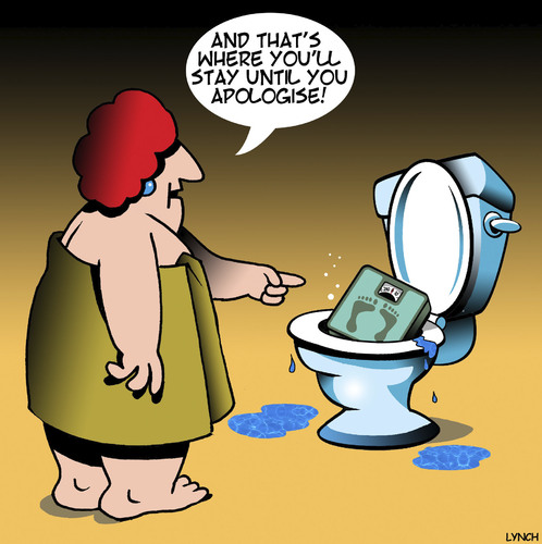 Cartoon: Bathroom scales (medium) by toons tagged bathroom,scales,arguements,apologising,say,sorry,obesity,fat,overweight,weighing,yourself,bathroom,scales,arguements,apologising,say,sorry,obesity,fat,overweight,weighing,yourself