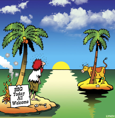Cartoon: BBQ Today (medium) by toons tagged desert,island,cows,bar,que,bovine,farm,animals,cattle,party