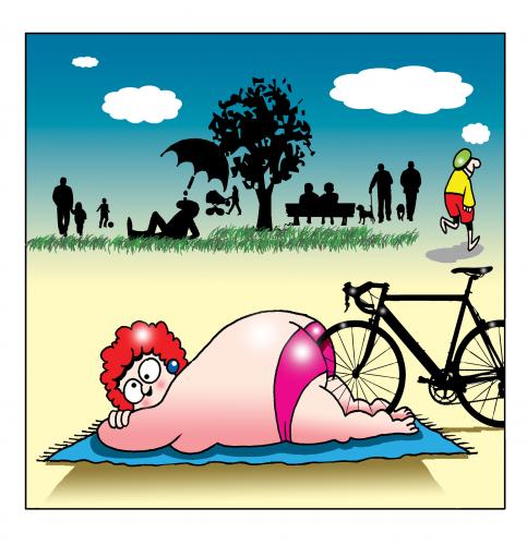 Cartoon: bike park (medium) by toons tagged cycling,bikes,crack,sport,obese,fat,parking,bike,riding,sunbaking,summer,big,bottoms
