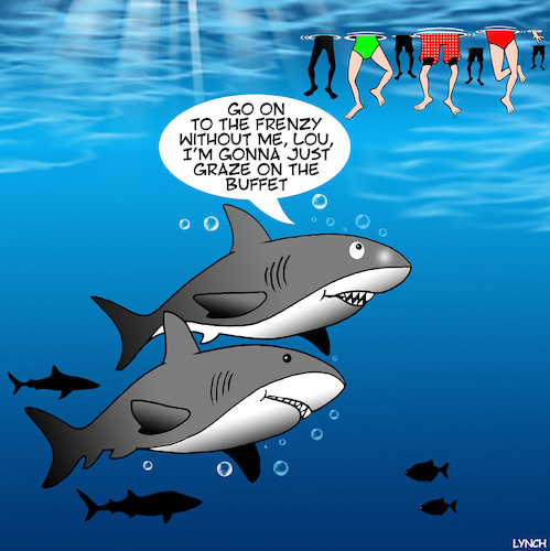 Cartoon: Buffet (medium) by toons tagged sharks,feeding,frenzy,buffet,fish,swimmers,shark,attack,animals,oceans,sharks,feeding,frenzy,buffet,fish,swimmers,shark,attack,animals,oceans