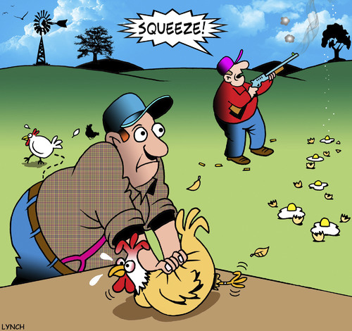 Cartoon: Clay pigeon shooting (medium) by toons tagged shooting,pigeons,clay,animals,farmyard,chickens,chooks,rifles,fowls,shotguns,farmyard,animals,clay,pigeons,shooting,chickens,chooks,rifles,fowls,shotguns