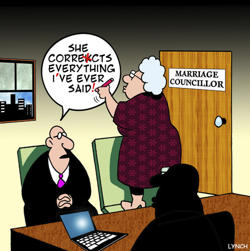Cartoon: corrections (medium) by toons tagged spelling,english,corrections,marriage,councillor,relationships,therapy,conflict,resolution,divorce