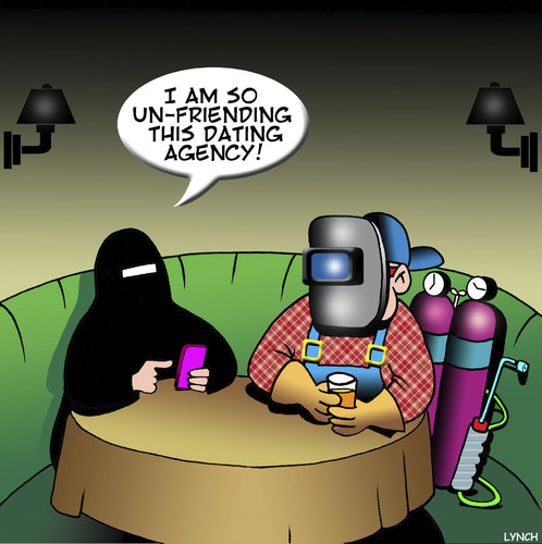 Cartoon: Dating agency (medium) by toons tagged burqa,dating,agency,unfriended,smart,phone,welder,welding,burqa,dating,agency,unfriended,smart,phone,welder,welding