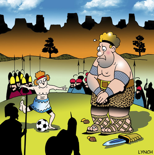 Cartoon: David and Goliath (medium) by toons tagged david,and,goliath,bible,football,soccer,sport,religion,god,philistines,goalie,ball,army,war,spears,swords