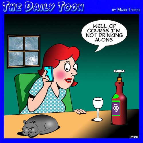 Cartoon: Drinking alone (medium) by toons tagged wine,drinker,cats,drinking,alone,wine,drinker,cats,drinking,alone