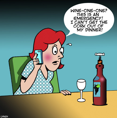 Cartoon: Emergency (medium) by toons tagged 911,wine,dinner,bottle,corkscrew,emergency,number,911,wine,dinner,bottle,corkscrew,emergency,number
