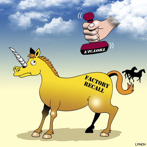 Cartoon: factory recall (medium) by toons tagged unicorns,factory,recall,faulty,returns