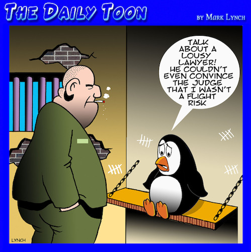Cartoon: Flight risk (medium) by toons tagged jail,lawyers,penguins,jail,lawyers,penguins