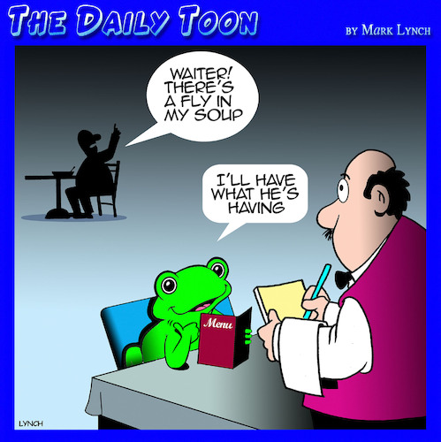 Cartoon: Fly in my soup (medium) by toons tagged frogs,fly,in,soup,waiters,frogs,fly,in,soup,waiters