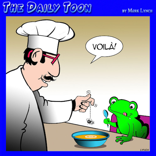 Cartoon: Fly in soup (medium) by toons tagged chef,soup,frogs,voila,cooking,chef,soup,frogs,voila,cooking