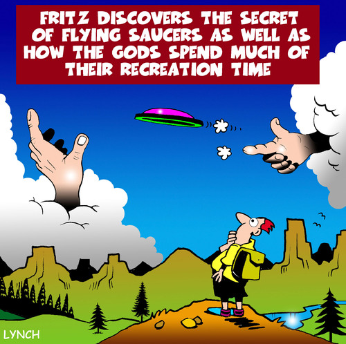 Cartoon: Flying saucer (medium) by toons tagged frisbee,god,flying,saucer,hiking,camping