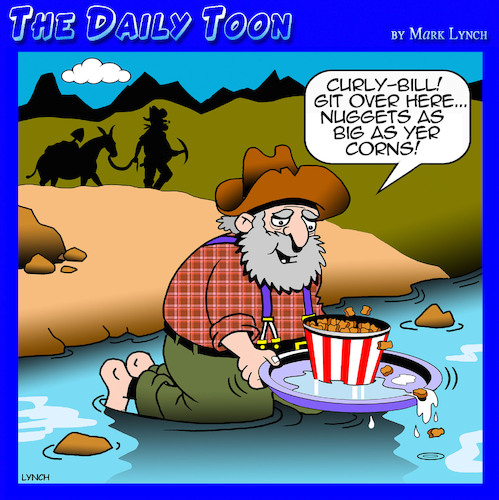 Cartoon: Gold prospecting (medium) by toons tagged gold,nuggets,chicken,prospectors,old,west,men,corns,gold,nuggets,chicken,prospectors,old,west,men,corns