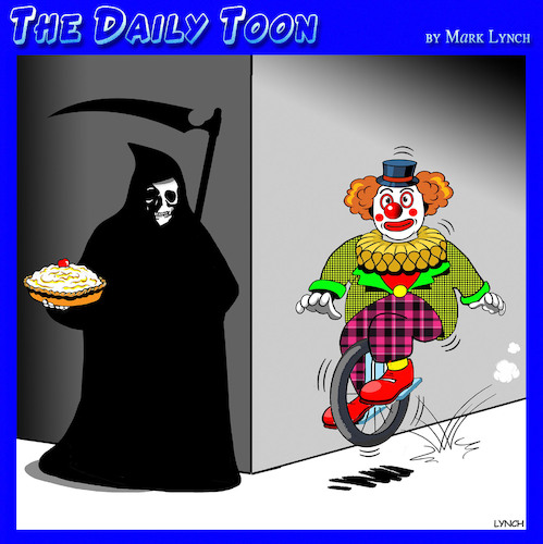 Cartoon: Grim Reaper (medium) by toons tagged clowns,reaper,pie,in,the,face,clowns,reaper,pie,in,the,face