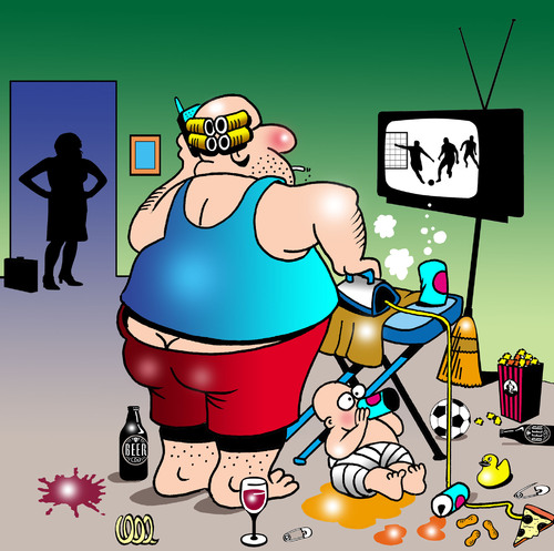 Cartoon: House Hubby (medium) by toons tagged house,husband,ironing,working,mum,beer,football,soccer,tv,sports,baby,housework,curlers,alcohol,stay,at,home,dad,work,from