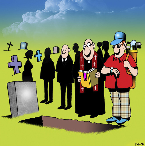 Cartoon: How much longer? (medium) by toons tagged death,widow,funerals,golf,plot,funeral,cemetary,golf,funerals,widow,death,cemetary,funeral,plot