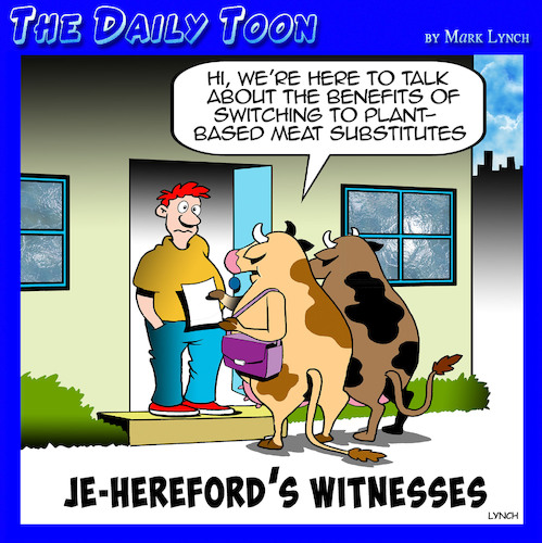 Cartoon: Jehovahs witnesses (medium) by toons tagged plant,based,meat,vegetarians,vegans,cows,bovine,jehovahs,hereford,plant,based,meat,vegetarians,vegans,cows,bovine,jehovahs,hereford