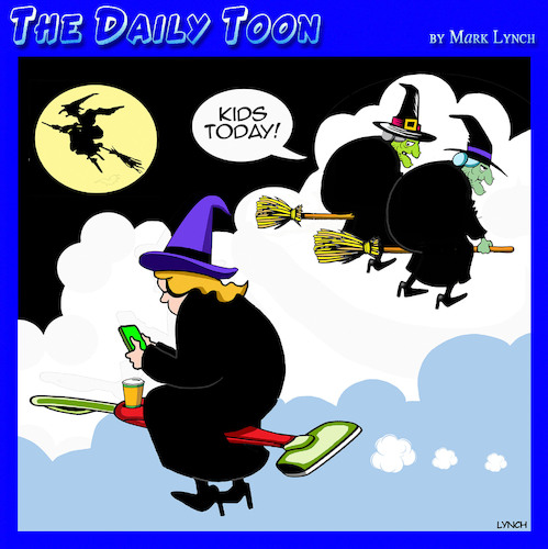 Cartoon: Kids today (medium) by toons tagged witches,on,broomstick,witch,teenagers,witches,on,broomstick,witch,teenagers