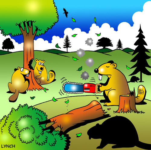 Cartoon: Lazy beaver (medium) by toons tagged beavers,animals,logging,trees,chainsaw,tree,conservation,lazy,buck,teeth,tools,saw,plants