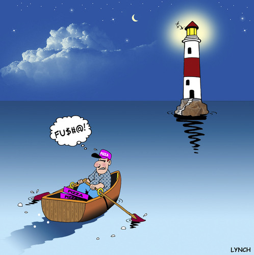 Cartoon: Lighthouse pizzas (medium) by toons tagged pizza,lighthouse,delivery,boating
