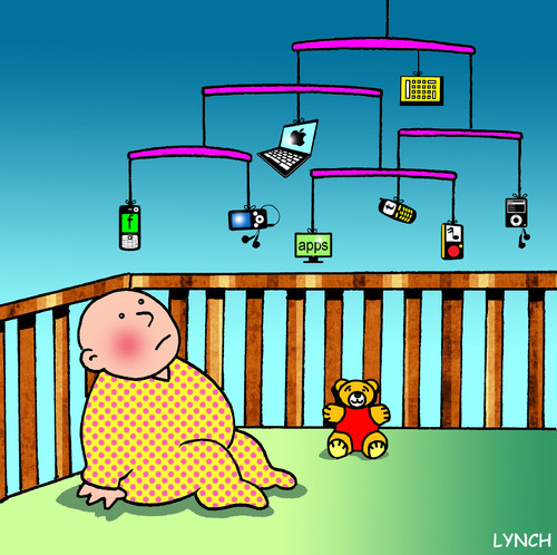 Cartoon: Mobiles (medium) by toons tagged mobiles,apps,twitter,facebook,babies,crib,cot,laptops,ipod,ipad,apple,children