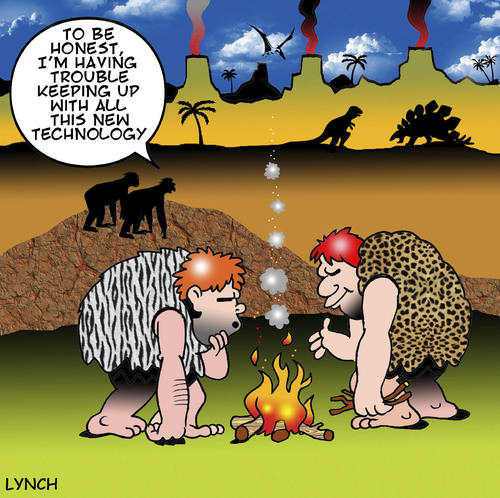 Cartoon: new technology (medium) by toons tagged latest,technology,communications,new,inventions,fire,caveman,prehistoric,man,dinosaurs