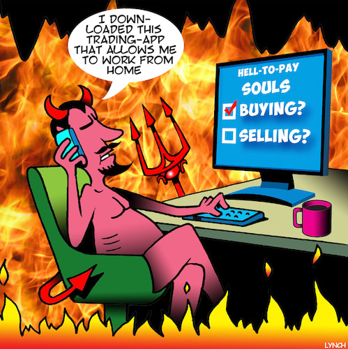 Cartoon: Online trading (medium) by toons tagged sell,your,soul,online,trading,apps,devil,hell,stock,market,trades,sell,your,soul,online,trading,apps,devil,hell,stock,market,trades