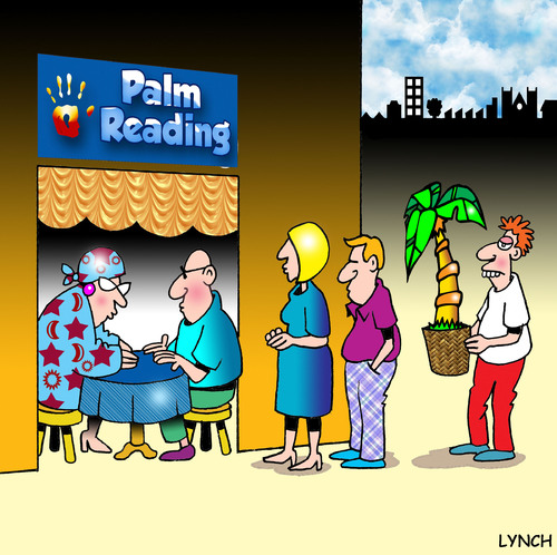 Cartoon: palm reading (medium) by toons tagged palm,reading,horoscope,fortune,teller,trees,pot,plants,house,plant