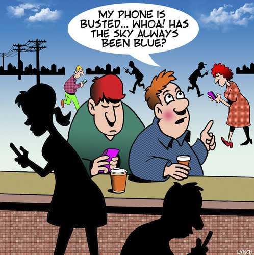 Cartoon: Phone addiction (medium) by toons tagged smart,phones,phone,addiction,blue,skies,staring,at,your,smart,phones,phone,addiction,blue,skies,staring,at,your