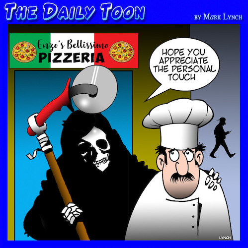 Cartoon: Pizza (medium) by toons tagged angel,of,death,pizza,slicer,chef,slice,angel,of,death,pizza,slicer,chef,slice