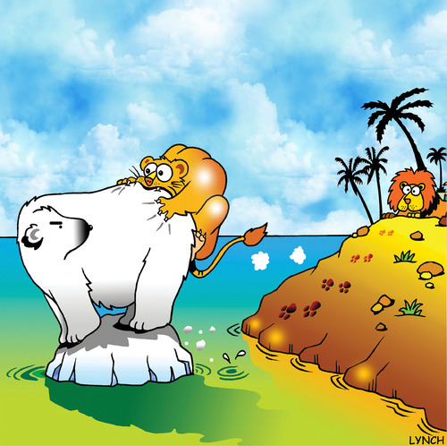 Cartoon: polar lions (medium) by toons tagged global,warming,polar,bears,melting,ice,caps,africa,lions,cats,emmissions,trading,oceans,environment