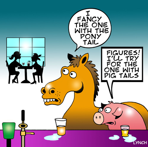 Cartoon: pony tail (medium) by toons tagged pigs,horses,farm,animals,dating,bars,relationships