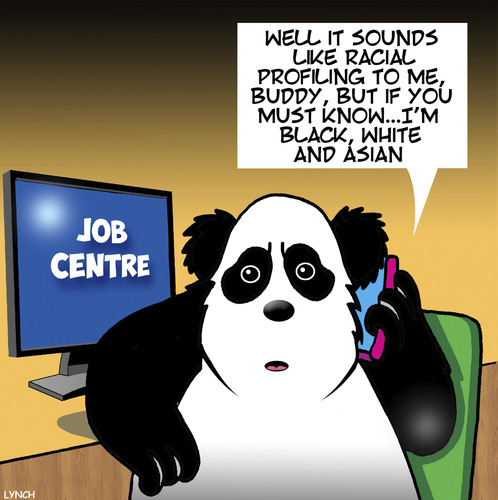 Cartoon: Racial profiling (medium) by toons tagged racial,profiling,panda,asian,jobs,employment,job,centre,bears,animals,racial,profiling,panda,asian,jobs,employment,job,centre,bears,animals