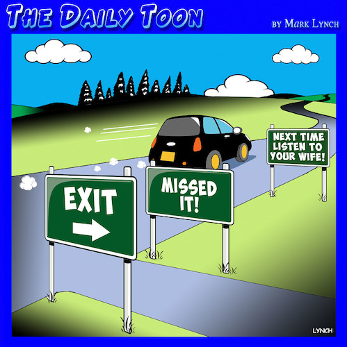 Cartoon: Road signs (medium) by toons tagged nagging,wife,backseat,driver,road,signs,directions,exit,sign,nagging,wife,backseat,driver,road,signs,directions,exit,sign