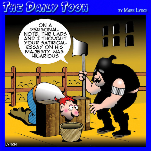 Cartoon: Satire (medium) by toons tagged jester,beheading,medieval,guillotine,executioner,essay,blogs,jester,beheading,medieval,guillotine,executioner,essay,blogs