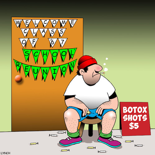 Cartoon: School reunion (medium) by toons tagged botox,school,reunion,anniversary,injections,banner,signs,plastic,surgery,botox,school,reunion,anniversary,injections,banner,signs,plastic,surgery