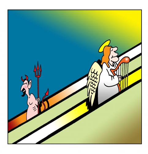 Cartoon: the escalator (medium) by toons tagged angels,devils,escalator,harps,heaven,hell,department,store