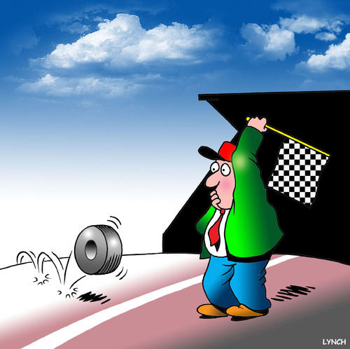 Cartoon: the finish line (medium) by toons tagged rally,cars,racetrack,car,racing,chequered,flag,motor,tyres,crash,driving,accident,formula,one,speed