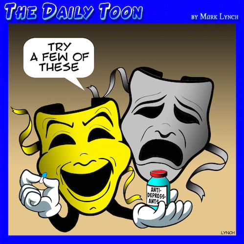 Cartoon: Theater masks (medium) by toons tagged anti,depressants,theater,drugs,prescriptions,uppers,sad,unhappy,anti,depressants,theater,drugs,prescriptions,uppers,sad,unhappy