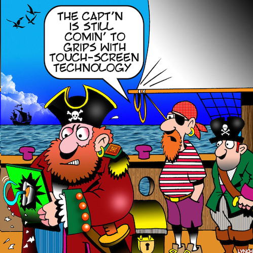 Cartoon: Touch screen (medium) by toons tagged pirates,touch,screen,ipads,hooks,pirates,touch,screen,ipads,hooks