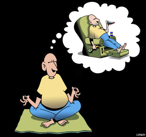 Cartoon: True meditation (medium) by toons tagged yoga,meditation,recliner,chair,relaxation,remote,control,exercise,beer,yoga,meditation,recliner,chair,relaxation,remote,control,exercise,beer