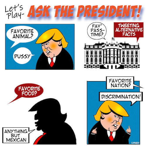 Cartoon: Trump questions (medium) by toons tagged discrimination,trump,racist,pussy,grab,games,discrimination,trump,racist,pussy,grab,games