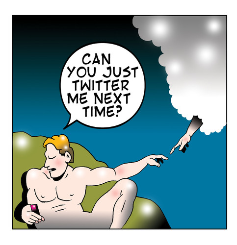 Cartoon: twitter me (medium) by toons tagged twitter,text,sms,social,networking,creation,creationism,god,man,religion,adam,and,eve,mobile,phones