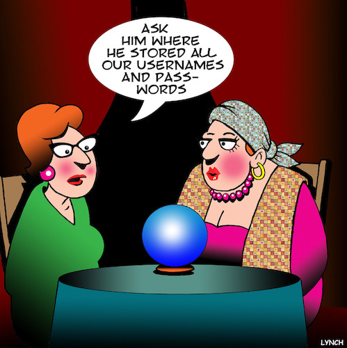 Cartoon: Username and Password (medium) by toons tagged passwords,usernames,afterlife,fortune,teller,crystal,ball,stored,in,the,cloud,passwords,usernames,afterlife,fortune,teller,crystal,ball,stored,in,the,cloud