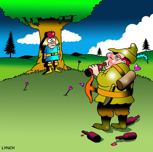 Cartoon: William Tell gets ready (medium) by toons tagged william,tell,archery,archer,arrows,folklore,switzerland,father,and,son,family,apples,swiss,alps,cross,bow