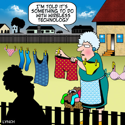Cartoon: wireless clothes line (medium) by toons tagged wireless,clothes,dryer,technology,wi,fi,line,washing,machine,day,hanging,laundry